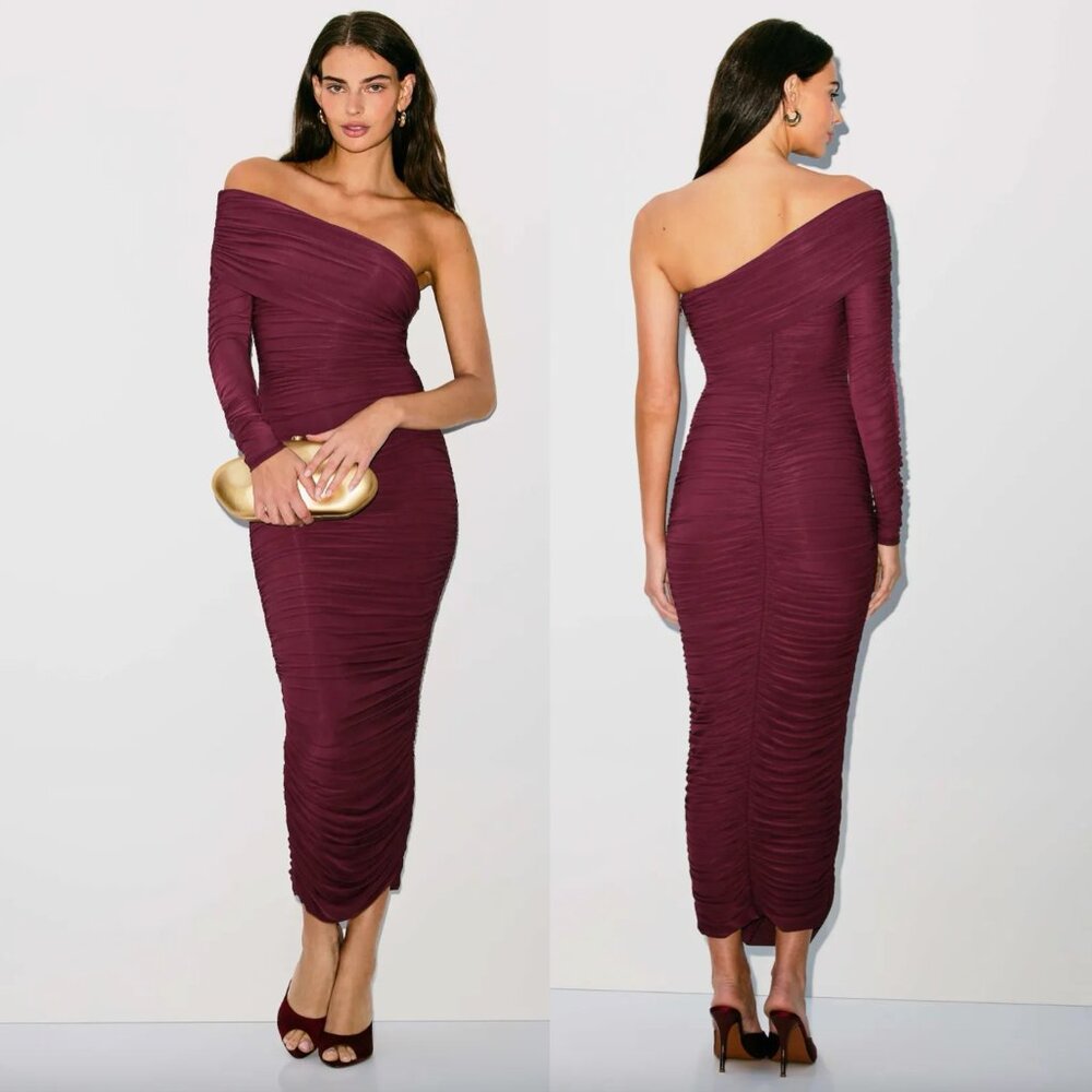 Ronny Kobo Sylvan Midi Dress in Port Maroon Red One Shoulder Long Sleeve Small